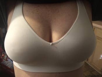 reviewer wearing the bra in nude