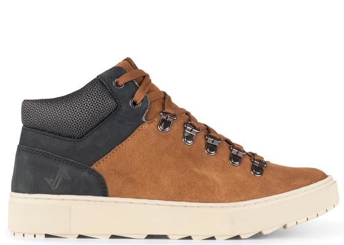 The slightly-shorter-than-high-top shoes in brown and black. They have a thick, ridged rubber sole