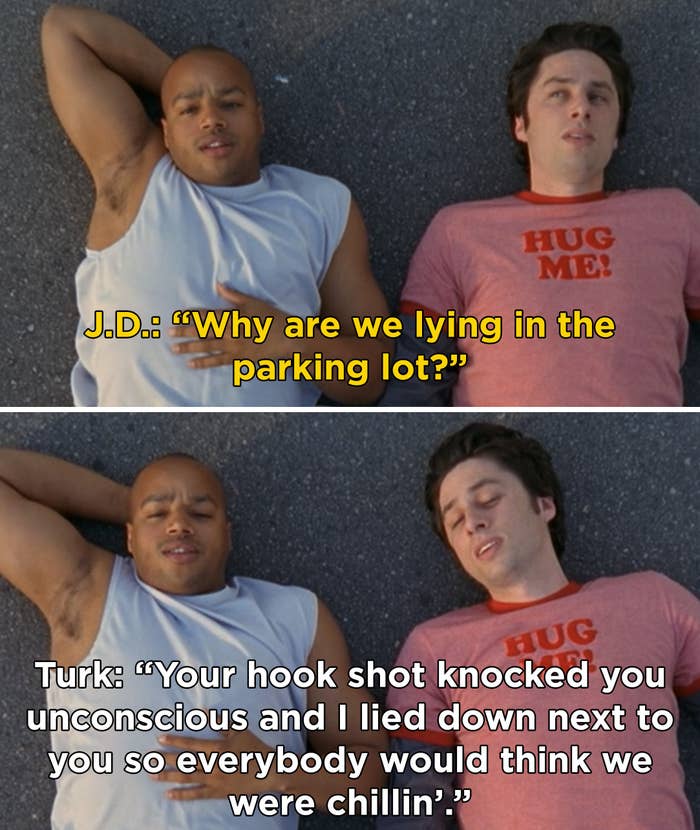 JD and Turk lying on the pavement together after JD knocked himself unconscious