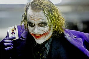 Heath Ledger as the Joker from "Dark Knight" being super villainous