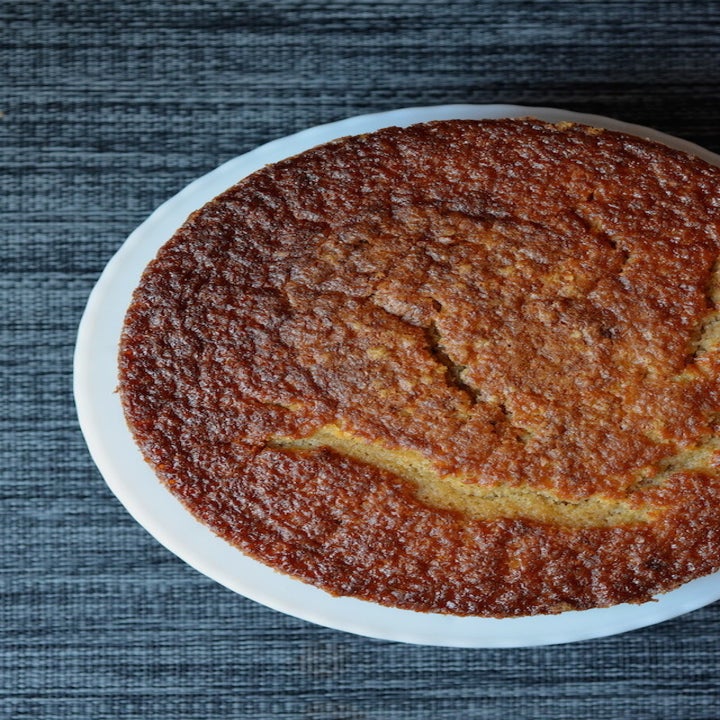 A top-down view of the orange olive oil cake.