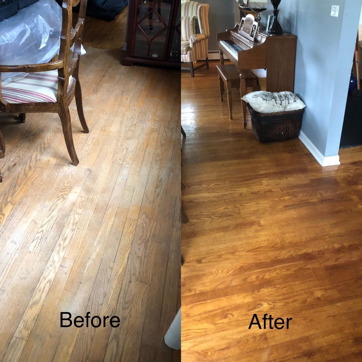 A reviewer showing previously washed out floors looking warm-toned and cleaner after using the product on them