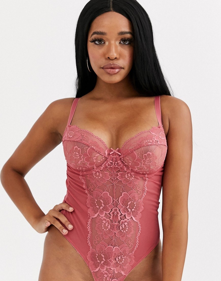 model wearing the pink lace bodysuit 