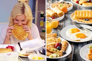 On the left, Leslie Knope sits in a hospital bed shoving a waffle into her mouth as Leslie Knope in "Parks and Recreation" and on the right, a table is full of breakfast foods, including waffles, fried eggs, crêpes, and orange juice