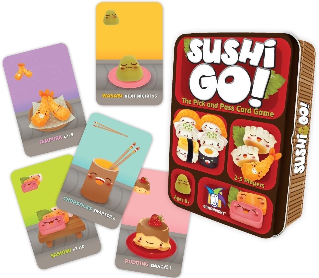 A handful of cards with wasabi, pudding, chopsticks, sashimi, and other foods on them placed beside tin packaging that's in the style of a bento box