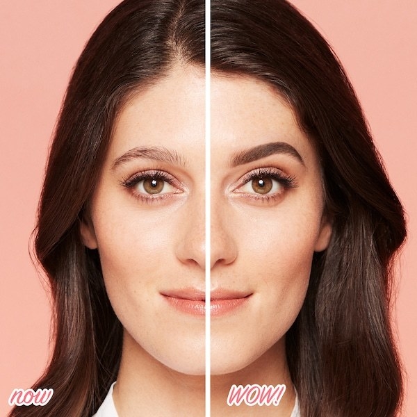 A before-and-after photo showing a model whose left brow looks sparse and wispy, but whose right brow looks full and filled-in