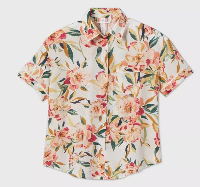 The white, pink, and green tropical floral button-down with short sleeves