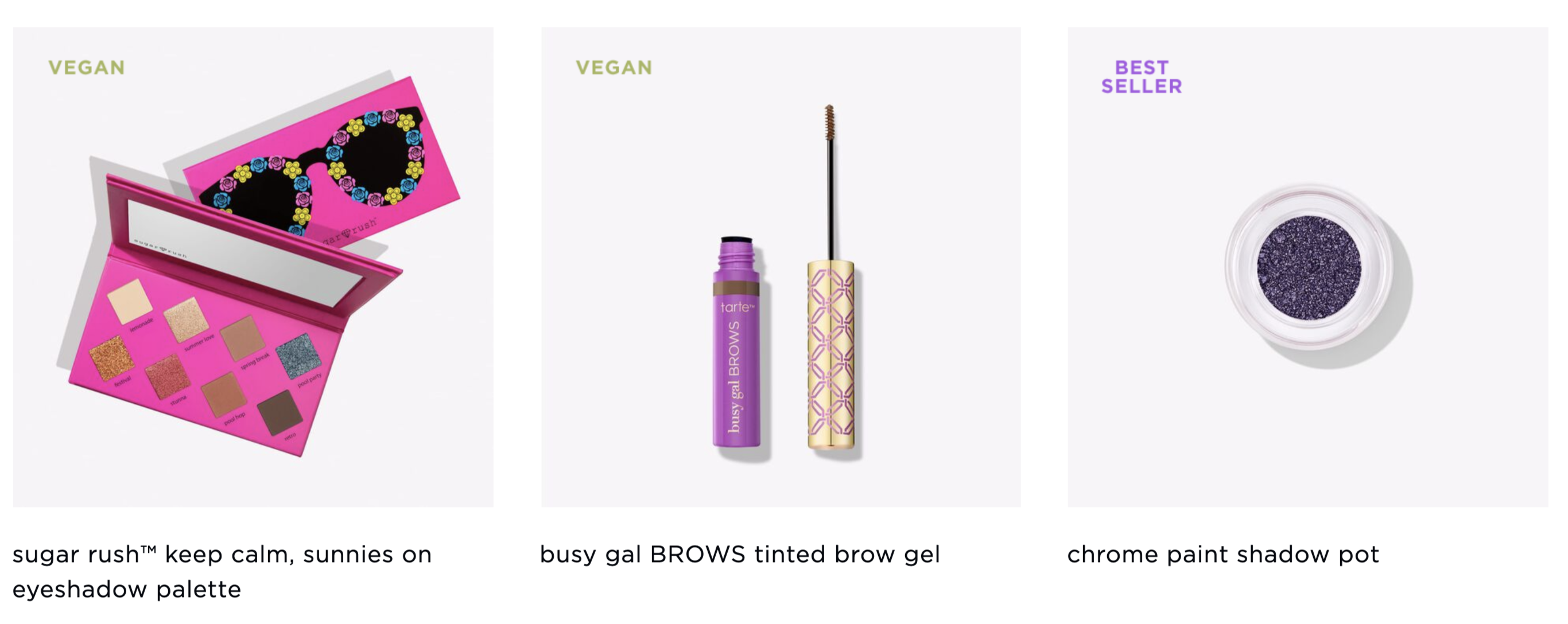 Screenshot of Tarte&#x27;s build your own kit with a few eyeshadow and eyebrow options