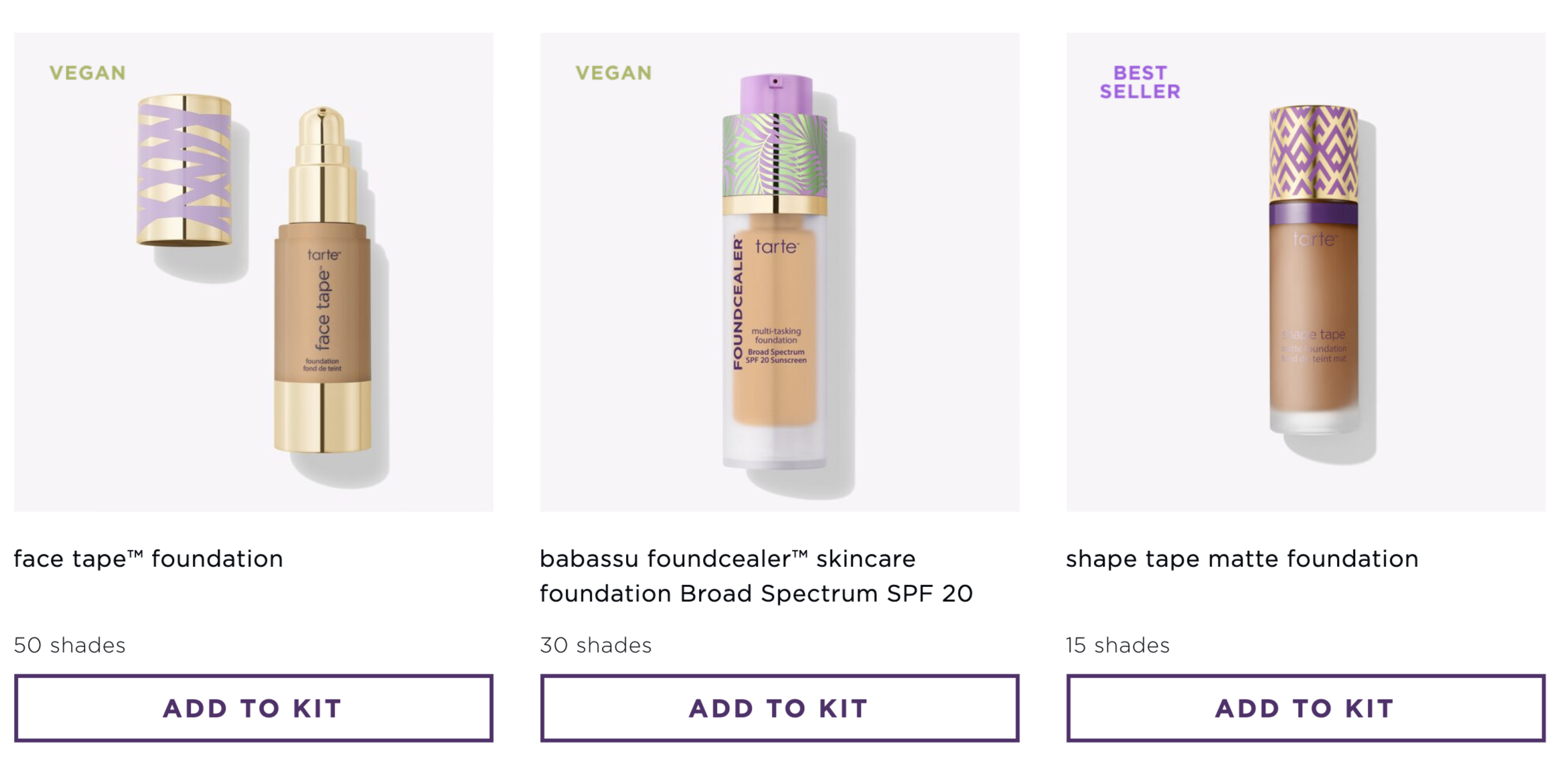 Screenshot of Tarte&#x27;s build your own kit with a few foundation options