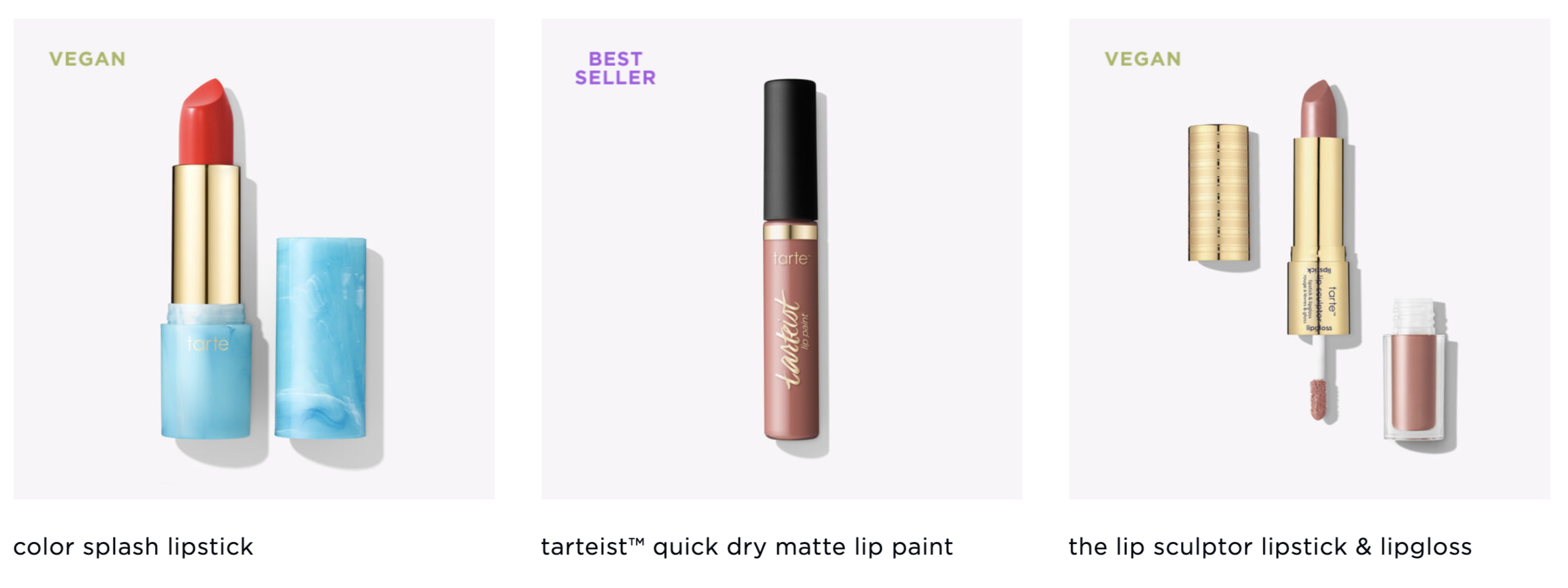 Screenshot of Tarte&#x27;s build your own kit with a few lipstick and lip gloss options