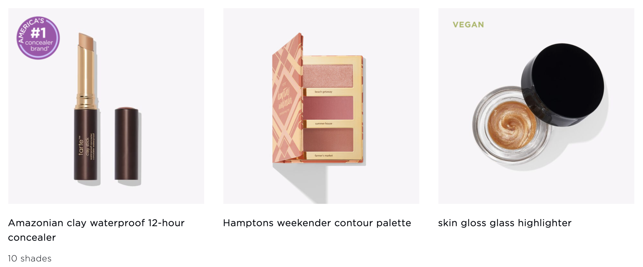 Screenshot of Tarte&#x27;s build your own kit with a few blush, concealer, and highlighter options