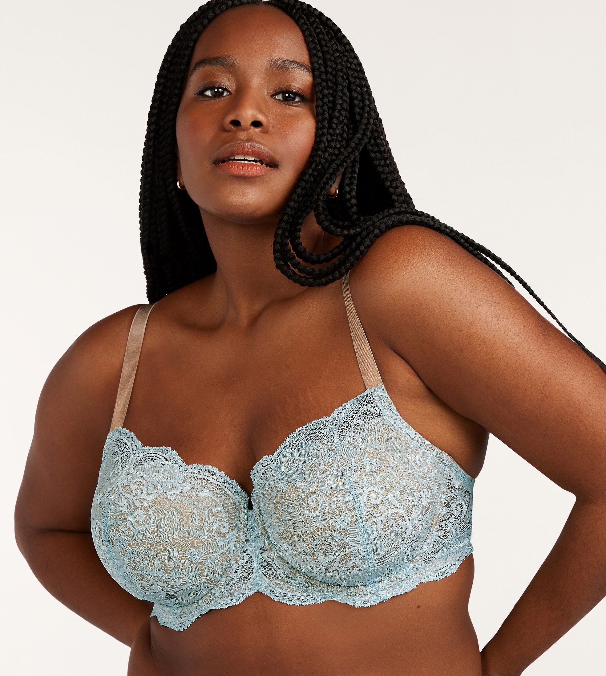 model wearing the blue lace bra with nude straps 
