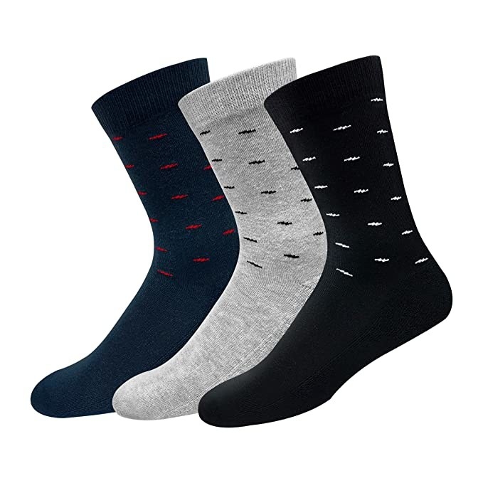 A set of three socks in navy blue, grey and black.
