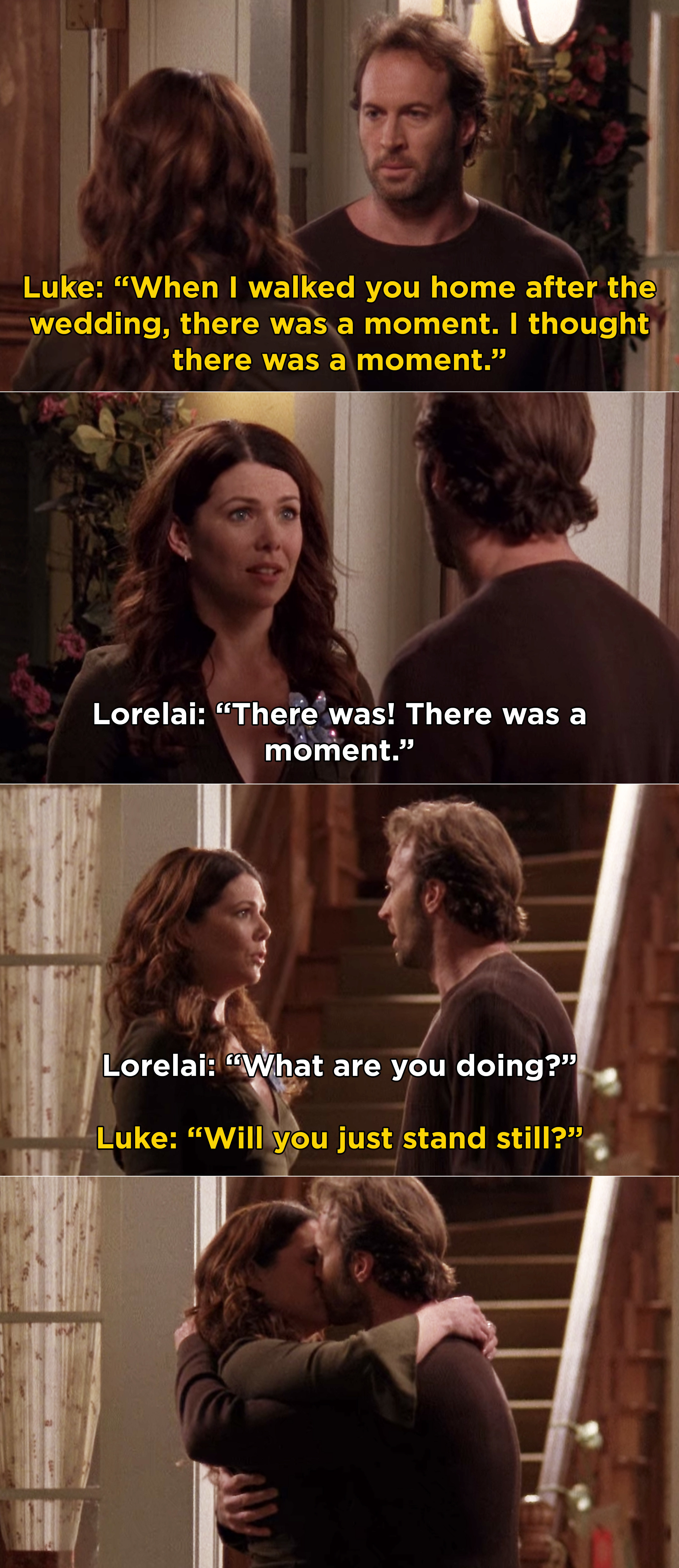 Luke and Lorelai&#x27;s first kiss outside the Dragonfly Inn