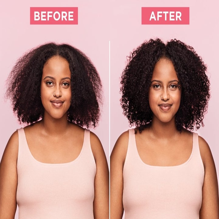 A model with curly hair looking frizzy on the left and the same model's hair with tamed flyaways and less frizz on the right