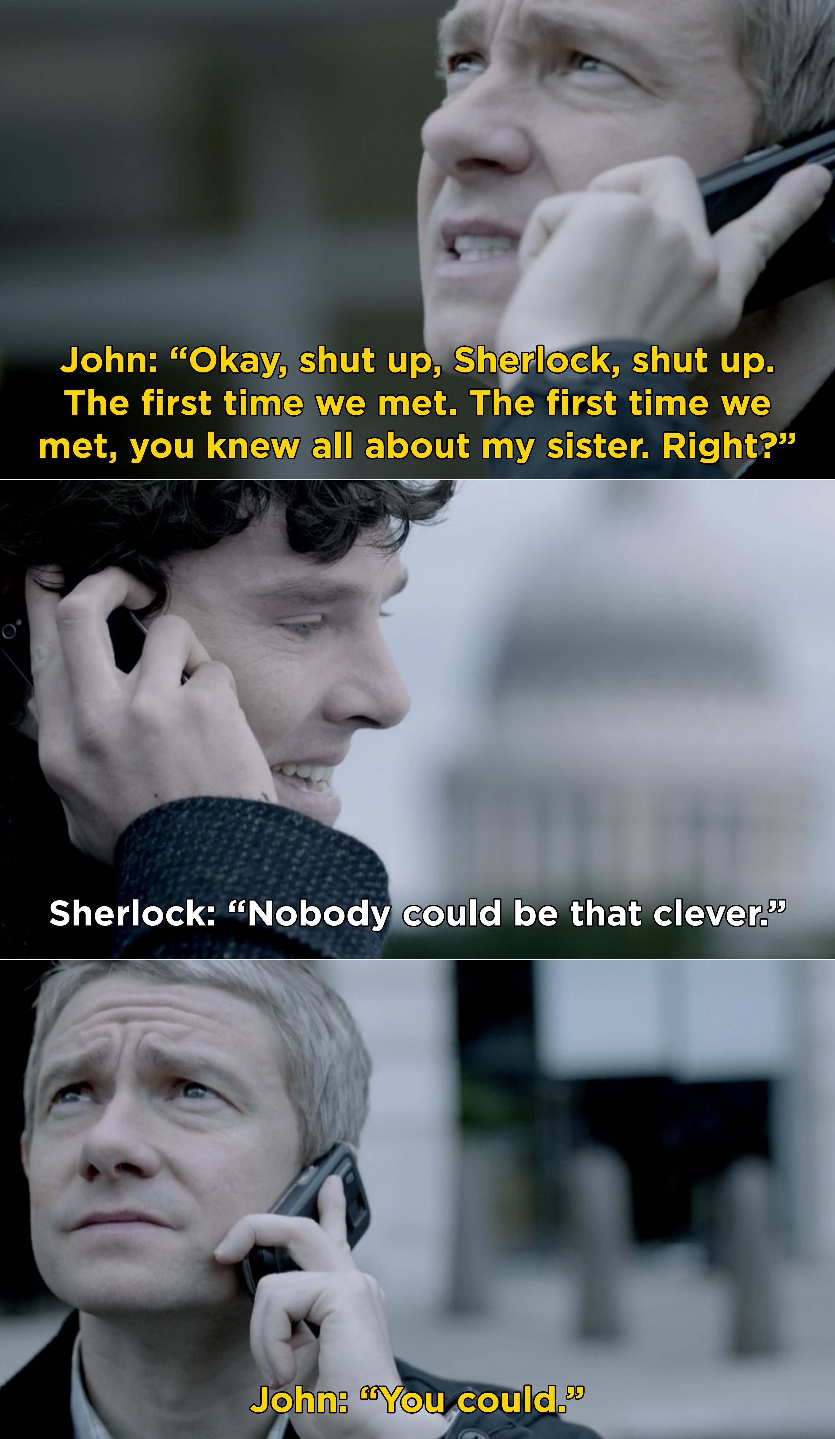 Sherlock and John talking while Sherlock is on the ledge of a building