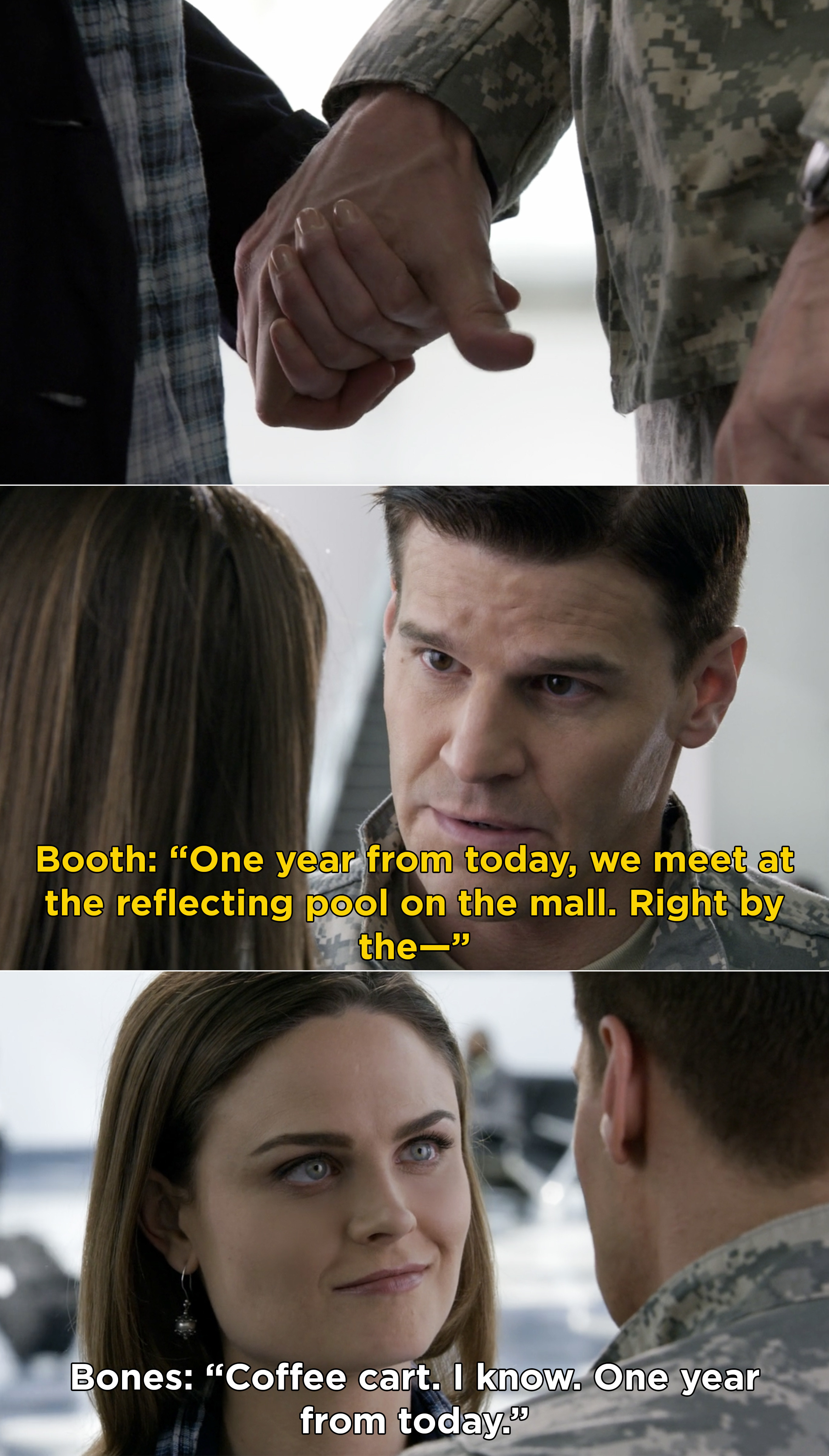 Booth and Bones standing in the airport promising to meet one year from today at the reflecting pool on the mall