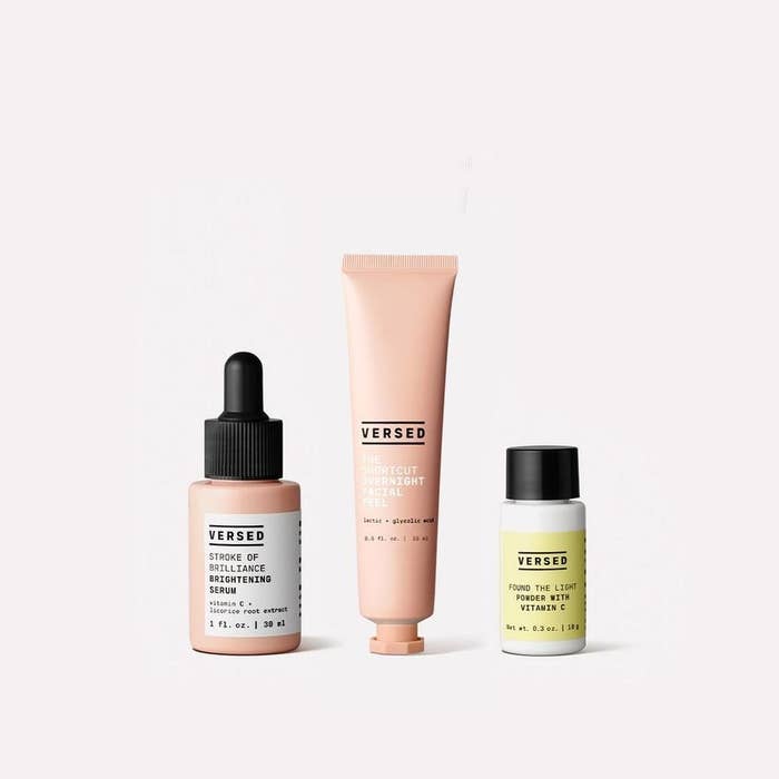 Stroke of Brilliance brightening serum, mini Shortcut Overnight facial peel, Found the Light powder