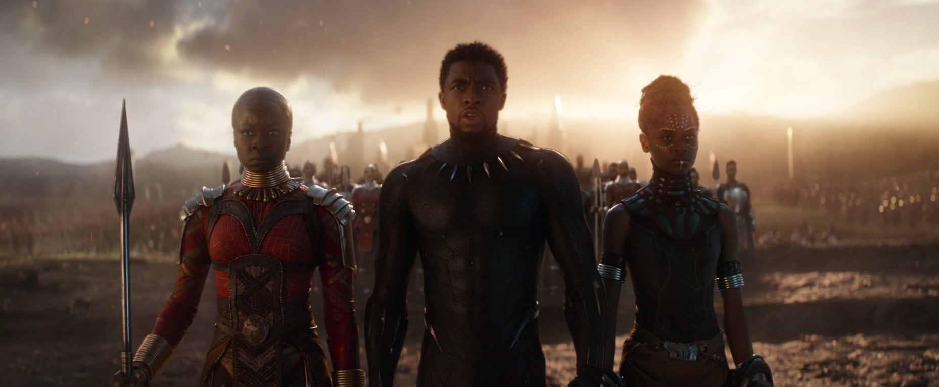 Okoye, T'Challa, and Shuri returning during the "Avengers, Assemble" scene in Endgame.