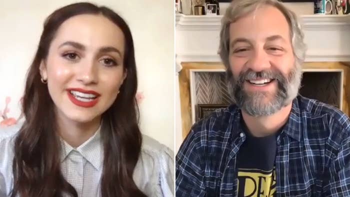 Maude Apatow and Judd Apatow smiling on a video call.