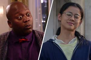 On the left, Tituss Burgess pops his eyes out in surprise as Titus in "Unbreakable Kimmy Schmidt," and on the right, Leah Lewis smiles softly as Ellie in "The Half of It"
