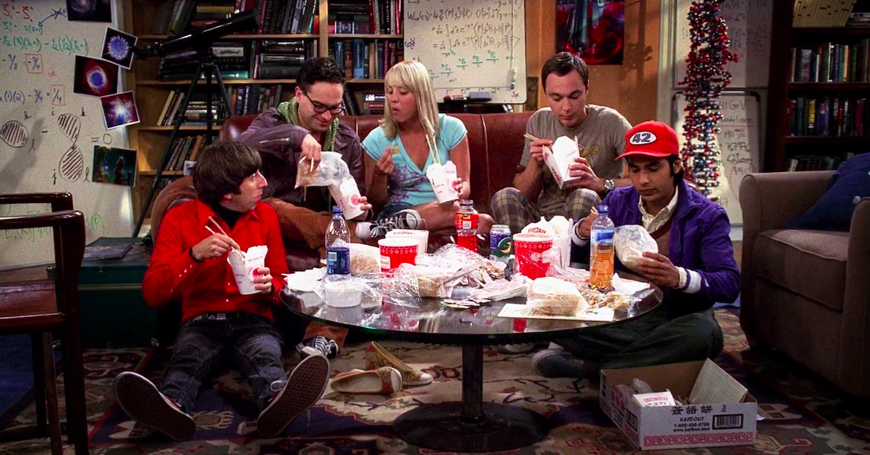 Screenshot of Howard, Leonard, Penny, Sheldon, and Raj