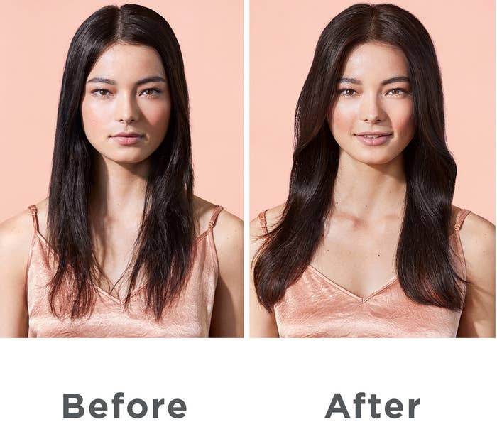 &quot;Before&quot; photo of a model with flat, dry hair and &quot;after&quot; photo of the same model with shiny, voluminous waves after applying the product