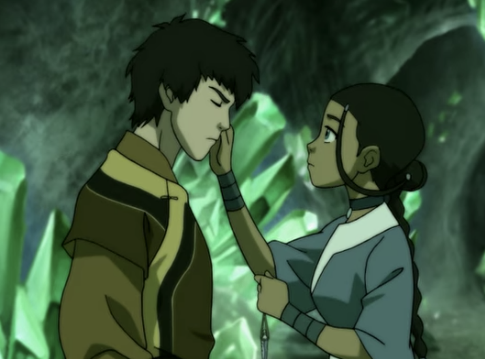 Katara touching the side of Zuko&#x27;s face.