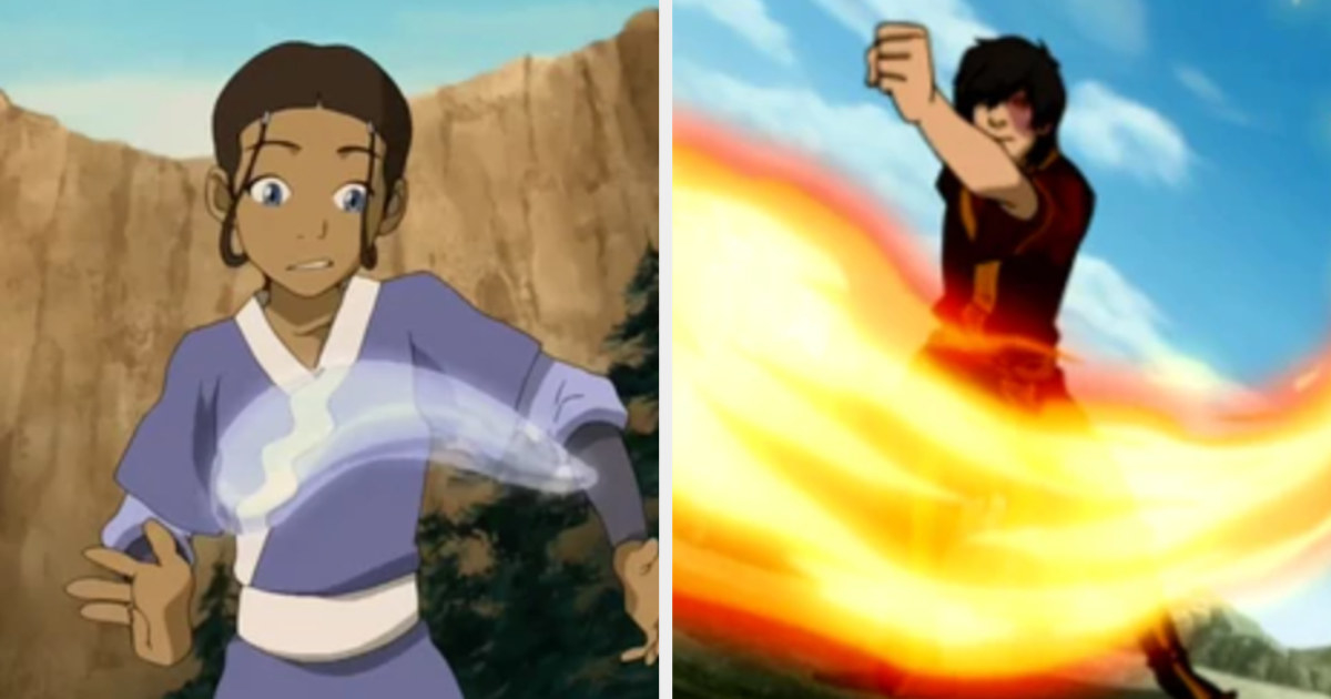 Katara waterbending and Zuko firebending.