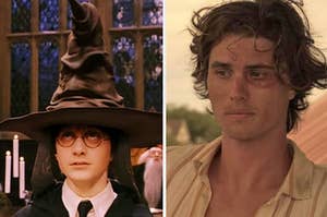 On the left, Daniel Radcliffe looks up at the Sorting Hat on his head as Harry Potter in "Harry Potter and the Sorcerer's Stone," and on the left, Chase Stokes looks off to the side in thought as John B in "Outer Banks"