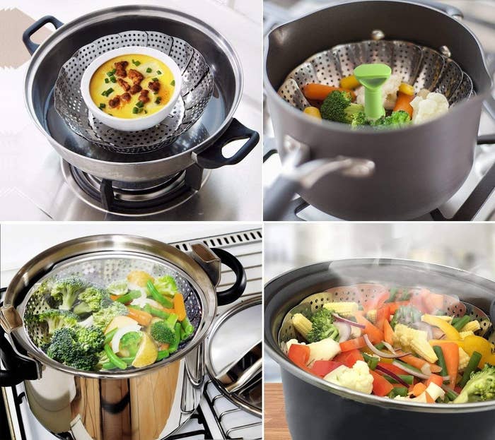 A collage of the steaming basket inside pans and pots, steaming vegetables and other food.