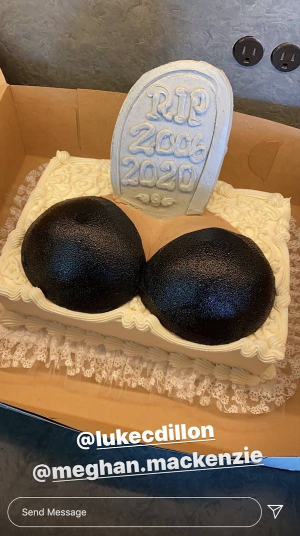 Chrissy Teigen Celebrates Her Breast Implant Removal With the Most Hilarious Cake Her Friends Gave Her | "RIP 2006-2020."