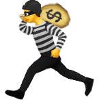 Apple emoji man dressed as a robber, running with a money bag