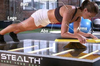A shot from the side showing a person planking while playing the game, with graphics that show their shoulders, butt, legs, abs and arms are all getting a workout