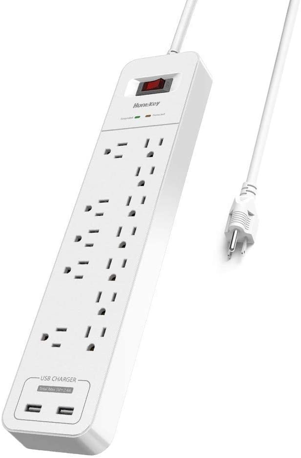 An unplugged surge protector power bar with ten outlets and two UBS outlets