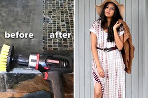 A glass shower, one strip clouded with hard water and the other clear; A reviewer in a monochrome tye-dye t-shirt maxi dres