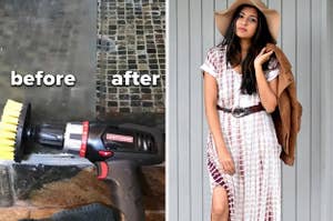 A glass shower, one strip clouded with hard water and the other clear; A reviewer in a monochrome tye-dye t-shirt maxi dres