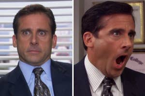 Michael Scott from the Office looking shocked and then yelling