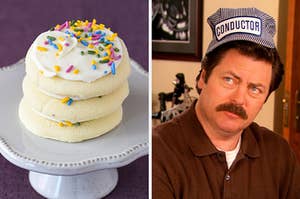 On the left, a stack of vanilla frosted sugar cookies, and on the right, Nick Offerman wears a train conductor hat as Ron Swanson on "Parks and Rec"