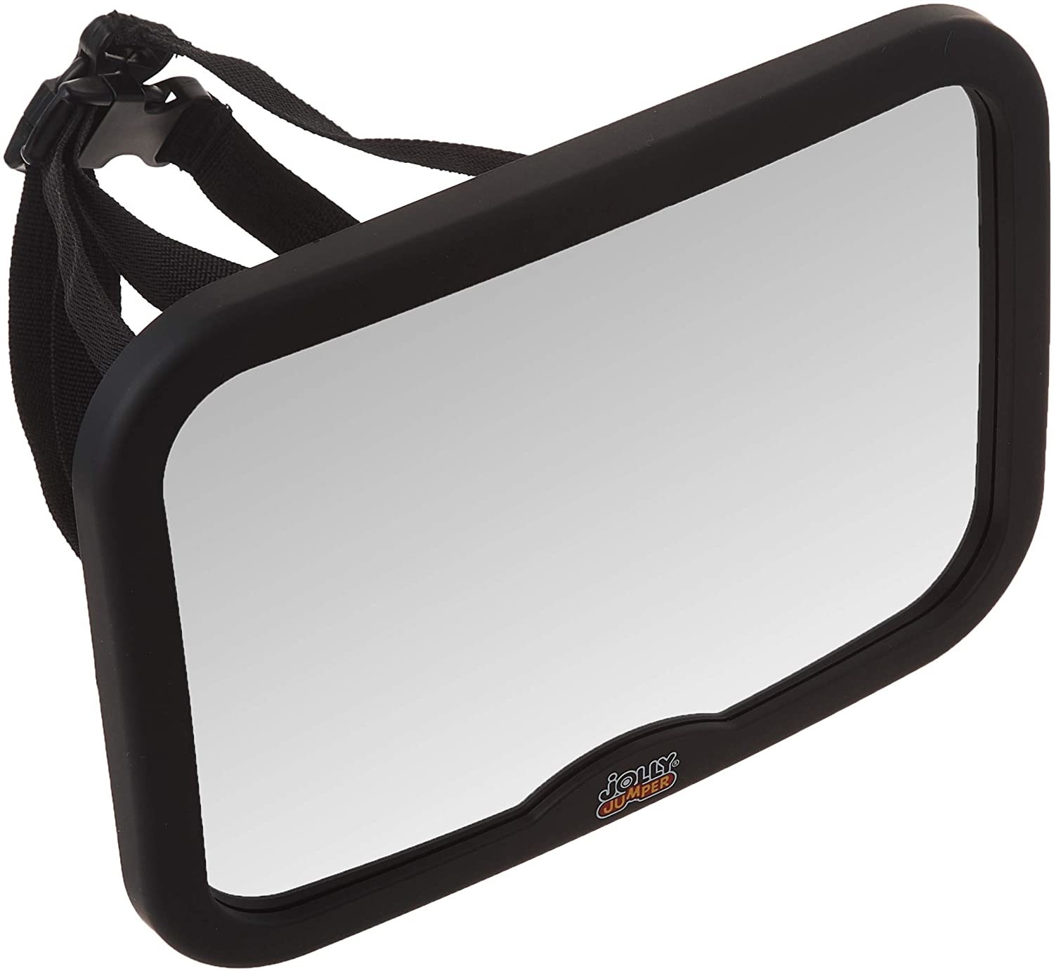 A rectangular mirror in a thick plastic frame with straps attached to the back