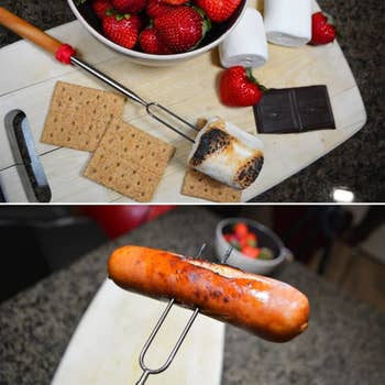 two pronged sticks with wooden handle spears marshmallow and hotdog
