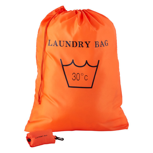 A bright colored laundry bag full of clothes and also emptied and folded up in its own storage bag