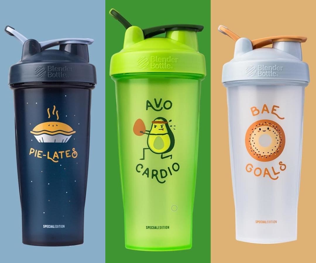 Three BlenderBottles with pie, avocado, and bagel puns and doodles