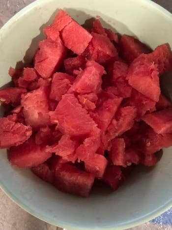 Reviewer's picture of cubed watermelon 