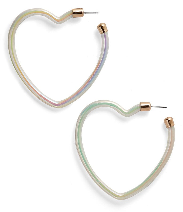 iridescent white heart shaped hoop earrings