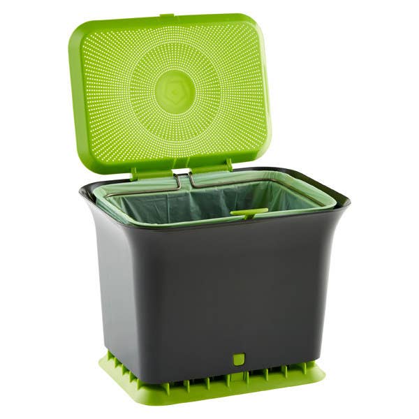 A gray plastic compost bin with lime green accents and an opened lid