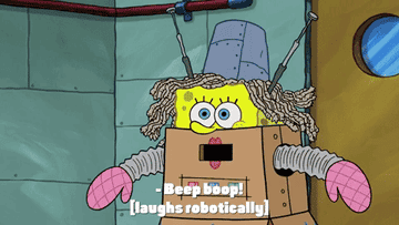 Spongebob dresses as a robot and saying &quot;beep boop.&quot;