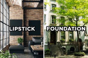 On the left, a modern living room in an apartment with an exposed brick wall and a large window with "lipstick" typed on top of it, and on the right, the exterior of a New York City apartment building on a shady street lined with trees