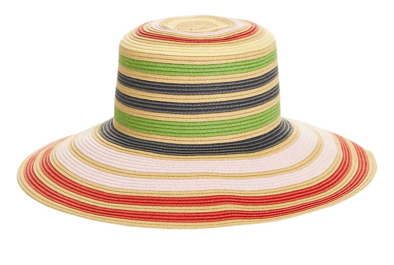 wide brim straw hat with red, pink, blue, and green stripes