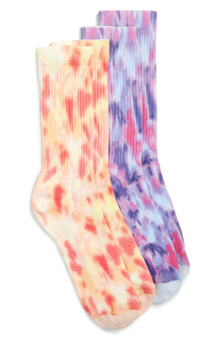 two pairs of tie-dye crew socks, one orange and another blue/purple